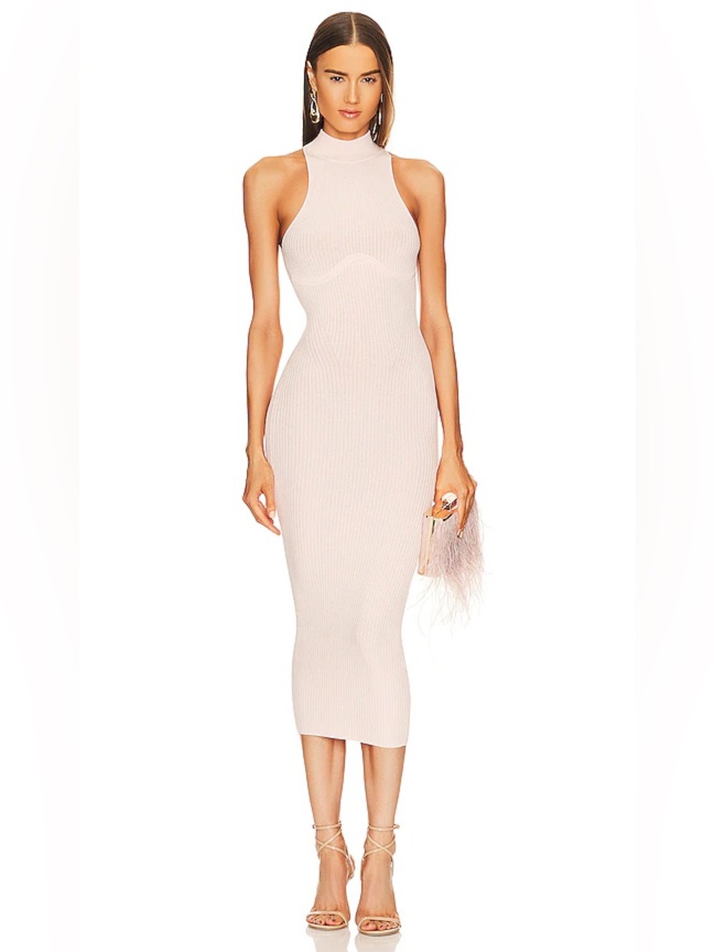 MICHAEL COSTELLO x REVOLVE Annalie Blush Pink Bodycon Ribbed Midi Dress Small